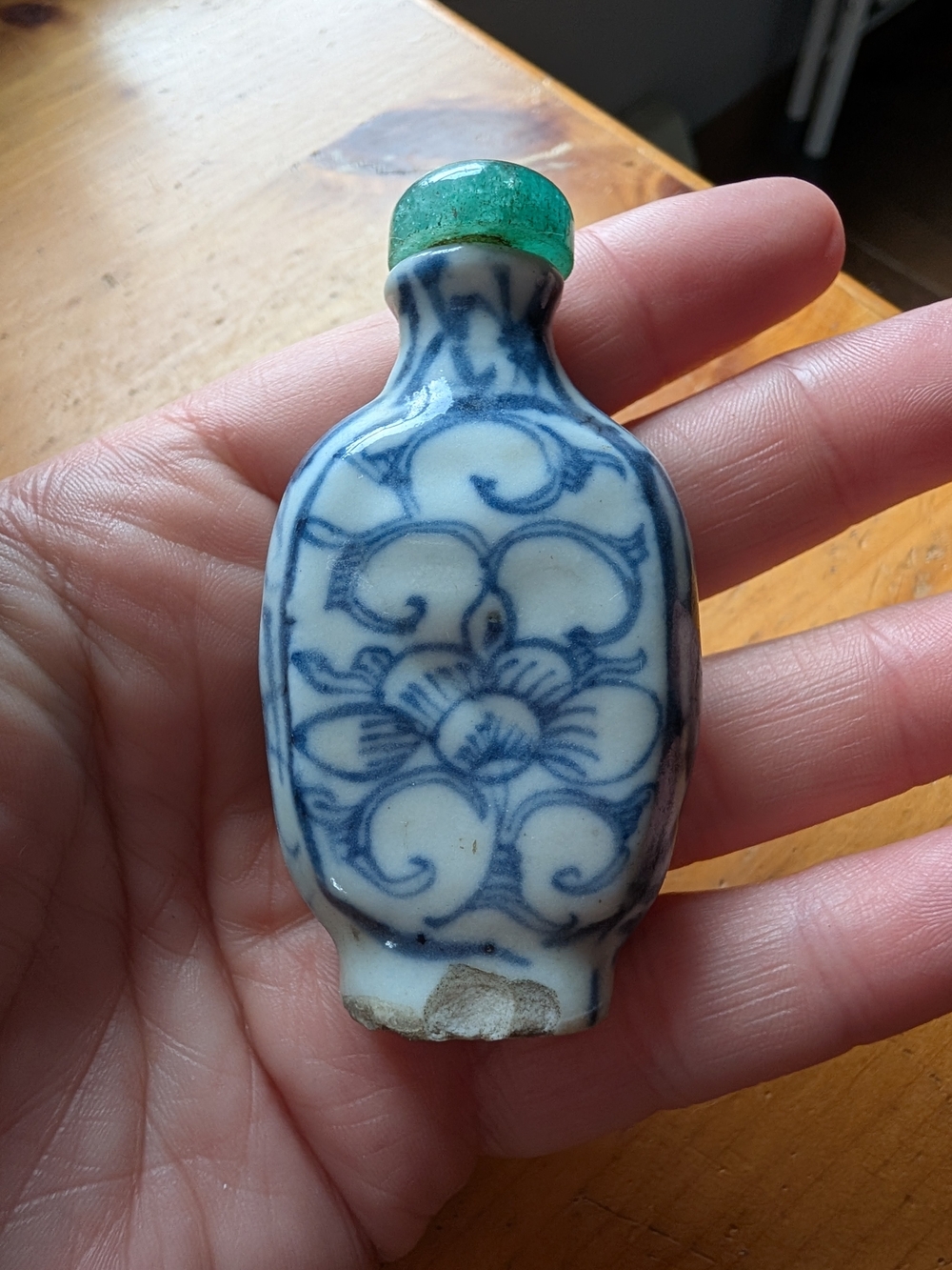 Antique Blue and White Floral Ceramic Snuff Bottle with Green Stopper